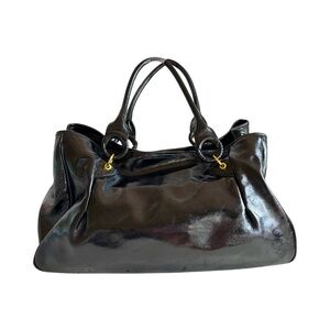 Beverly Feldman Black Patent Leather Large Handbag with Animal Print Interior‎